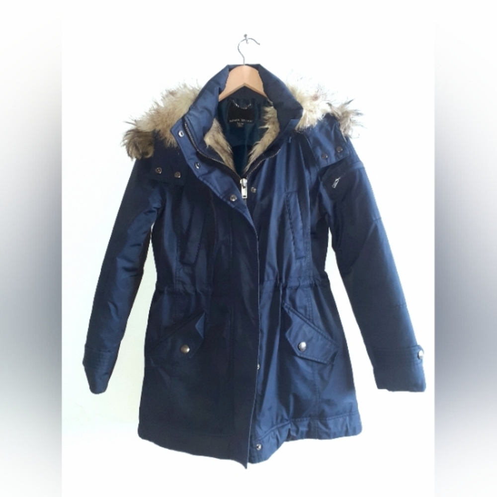 Down-filled winter coat with fur-lined hood